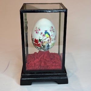 Vintage Chinese Hand Painted Eggshell Art Egg Display Black Glass Case Asian Decor Collectible