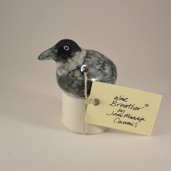 Wine Bottle Stopper Breather,Cute corvid, Jackdaw in Porcelain, hand made and finished