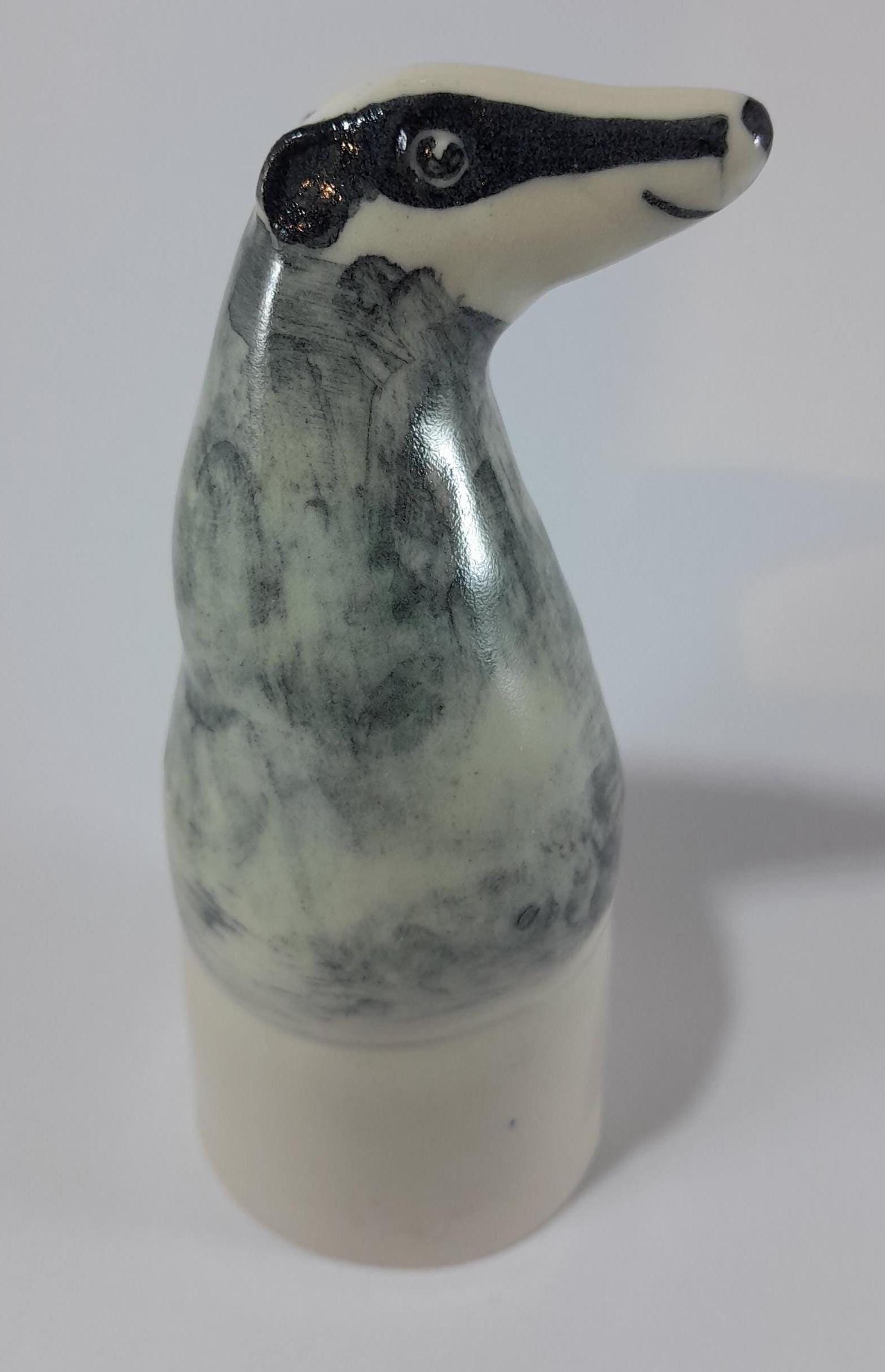 Wine Bottle Stopper Breather, Brock the Badger, Hand Made, Hand Decorated in Porcelain