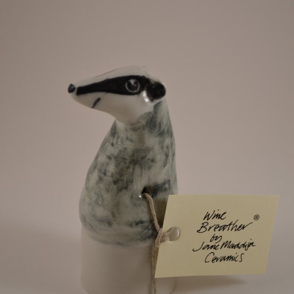 Wine Bottle Stopper Breather, Brock the Badger, Hand Made, Hand Decorated in Porcelain