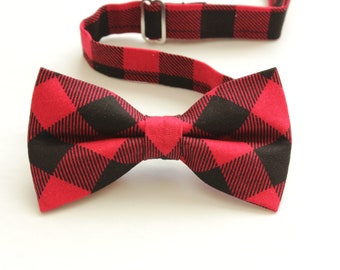 Red & Black checkered cotton bowtie; lumberjack bowtie; christmas bowtie; toddler and baby boy checkered bowtie