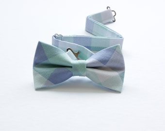 Plaid bowtie with white, mint, and cornflower/lavender colors, Spring bowtie, Easter bowtie, plaid bowtie for boys, dressy checkered bowtie