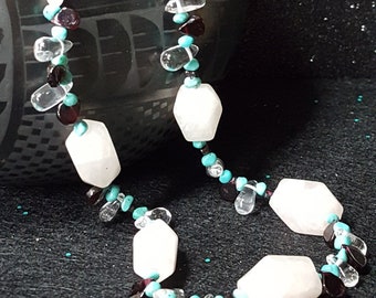 Rose Quartz Nugget Necklace: Garnet, Turquoise, and Crystal Beaded - USA Made