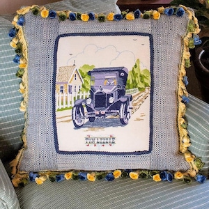 Vintage Car Embroidery Pillow: 1917 Tin Lizzie Crewelwork, Blue Tweed & Fringe