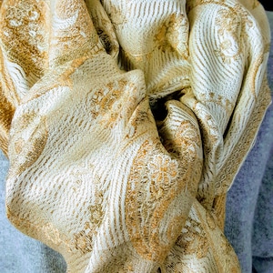 Gold Silk Paisley Shawl – Hand-Embroidered Wrap, Iridescent Fringe Scarf, Luxury Evening Shawl, Elegant Wedding or Holiday Gift