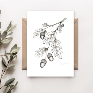Cartão de felicitações para impressão, download digital, cartão em branco, caneta e tinta, bolotas, carvalho