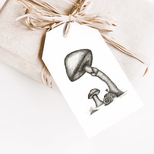 Étiquettes cadeaux imprimables, téléchargement instantané, téléchargement numérique, champignons à la plume et à l’encre, noir et blanc