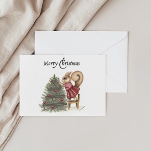Carte de Noël, carte de Noël imprimable, art fantaisiste, téléchargement numérique, carte de voeux imprimable, écureuil, bois