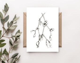 Printable Greeting Card, Digital Download, Blank Card, Pen and Ink, Mistletoe, Christmas