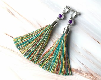 Amethyst Earrings With Rainbow Tassel Spiritual Healing Crystal Anniversary Gemstone Jewellery CrystalAndTassel - Rainbow Tassel