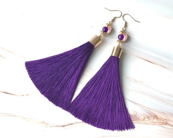 Amethyst Earrings With Violet Tassel Spiritual Healing Jewelry Purple Crystal For Balance CrystalAndTassel - Violet Tassel