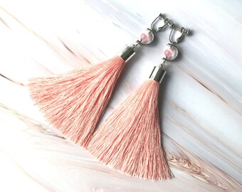 Cat Eye Earrings With Pink Tassel Pink Stone Earrings Crystal and Tassel Earrings Stone For Luck and Fortune - Powder Pink Tassel