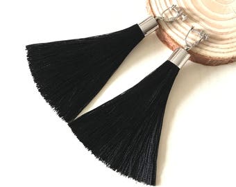 Clip On Tassel Earrings Black Tassel Earrings Screw Back Fringe Earrings Long Tassel Earrings Free Shipping Timeless Earrings - Black