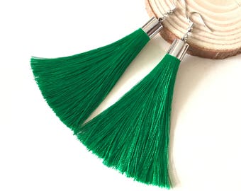 Boucles d’oreilles Jade Green Tassel Boucles d’oreilles Long Glandl Boucles d’oreilles Non Piercing Boucles d’oreilles Boho Style Boucles d’oreilles Forest Green Boucles d’oreilles - Jade Green