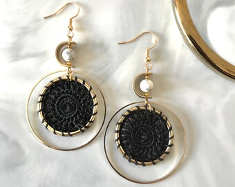 Crochet Earrings With White Marble Black and White Earrings Galaxy Inspired Earrings CrystalAndTassel