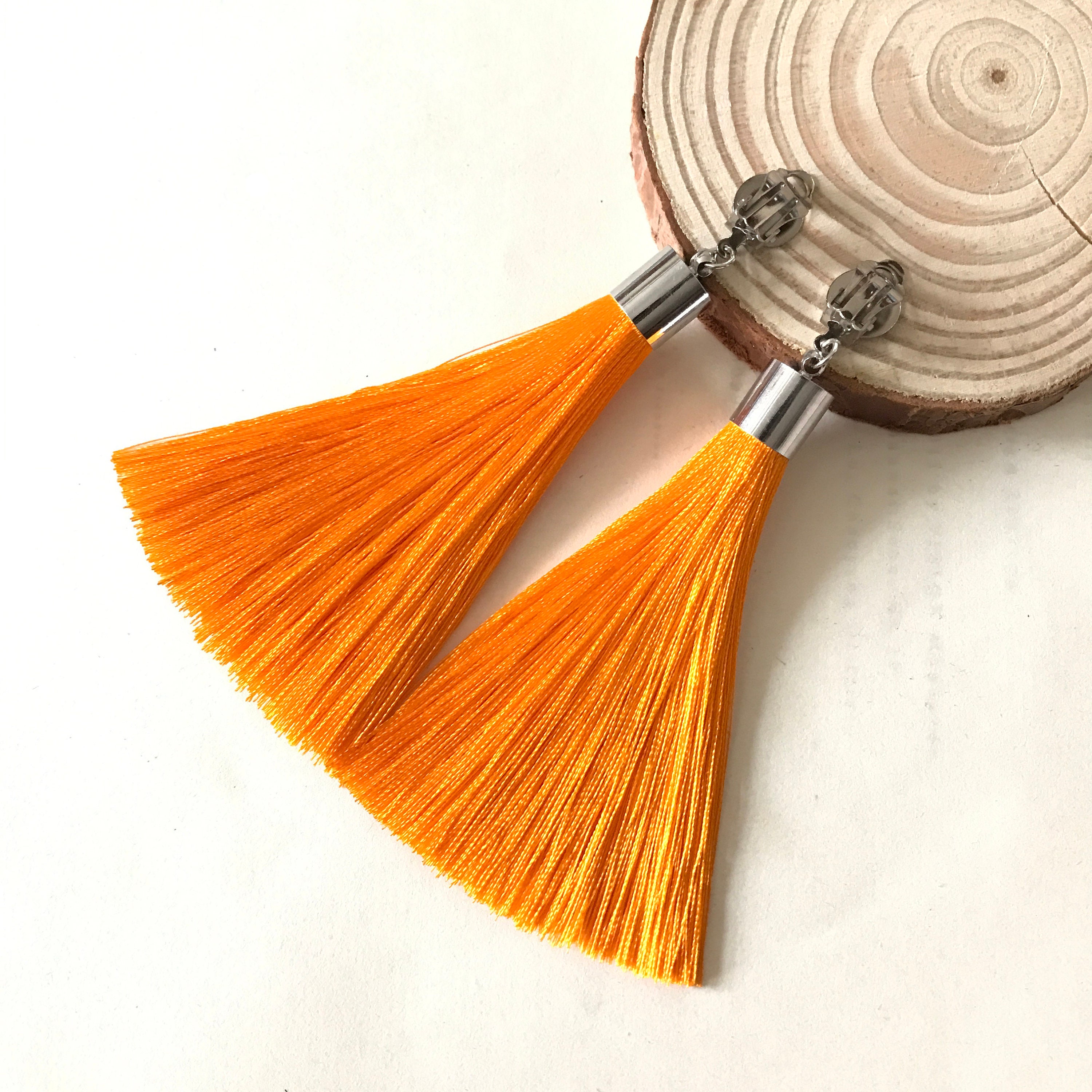Orange Earrings Clip on Earrings Crystalandtassel Long Tassel Earrings