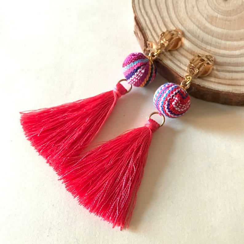 Clip on Earrings Orange Tassel Earrings Bohemian Dangler Etsy