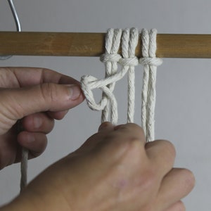 Pu&ograve; includere: Primo piano di una mano che fa un nodo a una corda bianca. La corda &egrave; avvolta attorno a un bastone di legno.