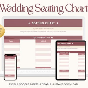 Op de afbeelding: Een digitale sjabloon voor een huwelijkszittingsoverzicht weergegeven op een laptop, tablet en smartphone. Het ontwerp heeft een bordeauxrode en witte kleurstelling met de tekst "Wedding Seating Chart". Inclusief een installatiegids en is bewerkbaar.