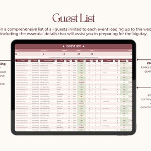 Puede incluir: Una tableta digital muestra una hoja de c&aacute;lculo de lista de invitados con columnas para informaci&oacute;n de contacto y detalles del evento. El texto en la pantalla incluye "Guest List", "Auto RSVP Tracking" y "20-Column Tracker". La tableta est&aacute; sobre un fondo crema.