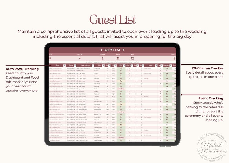 Puede incluir: Una tableta digital muestra una hoja de c&aacute;lculo de lista de invitados con columnas para informaci&oacute;n de contacto y detalles del evento. El texto en la pantalla incluye "Guest List", "Auto RSVP Tracking" y "20-Column Tracker". La tableta est&aacute; sobre un fondo crema.