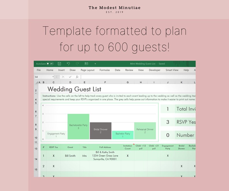 Wedding Guest List Excel Template Mint Excel & Google Sheets Etsy