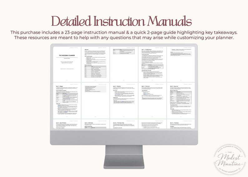 Puede incluir: Un monitor de ordenador muestra p&aacute;ginas de un manual de instrucciones detallado. El texto "Detailed Instruction Manuals" est&aacute; en la parte superior. La imagen incluye un manual de instrucciones de 23 p&aacute;ginas y una gu&iacute;a de 2 p&aacute;ginas. El logotipo de Modest Minutiae est&aacute; en la esquina inferior derecha.