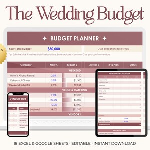 Puede incluir: Un planificador de presupuesto de boda digital que se muestra en una computadora portátil, una tableta y un teléfono inteligente. La pantalla de la computadora portátil muestra un desglose del presupuesto con categorías y cantidades. El texto "The Wedding Budget" está en la parte superior. Incluye una guía de configuración y es editable.