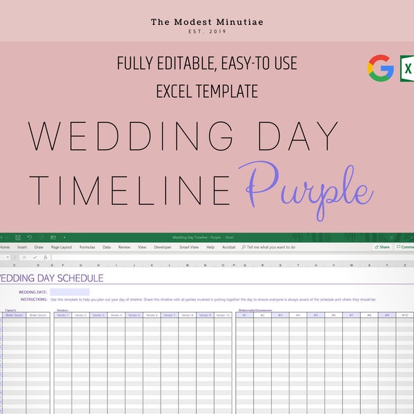 Wedding Day Timeline Purple -  Vendor & Wedding Party Timeline Excel Template