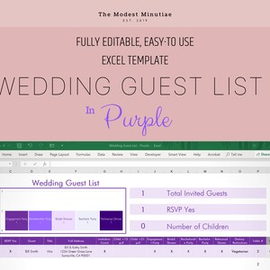 Wedding Guest List Planner in Purple - Excel & Google Sheets Compatible