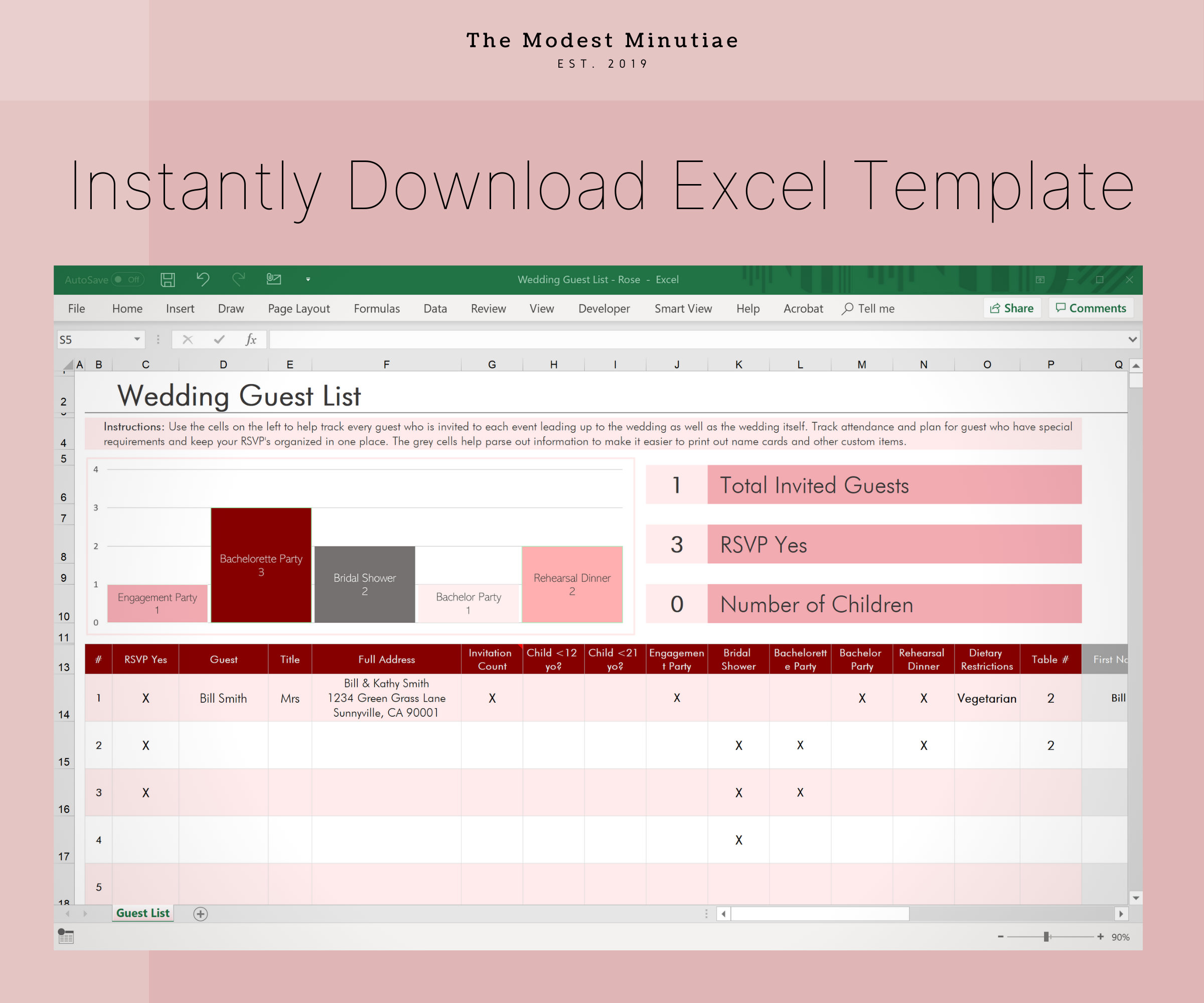 Wedding Guest List Planner in Rose Excel & Google Sheets Etsy