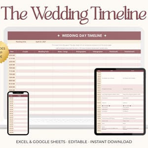 Puede incluir: Una plantilla digital de cronograma de boda que se muestra en una computadora portátil, una tableta y un teléfono inteligente. La plantilla es en tonos de rosa y blanco, con un sello dorado que dice "Includes Setup Guide". El texto "The Wedding Timeline" está en la parte superior.