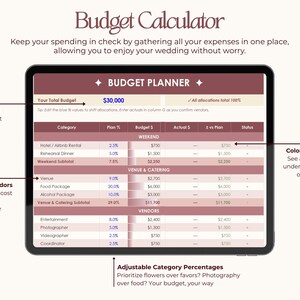 Puede incluir: Una tableta digital muestra un planificador de presupuesto de boda con un esquema de color granate y blanco. La pantalla muestra categor&iacute;as de presupuesto, porcentajes y cantidades. El texto incluye "Budget Planner" y "Presupuesto total: 27.600 &euro;."