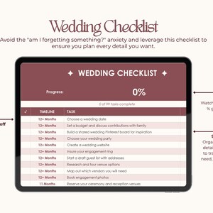 Puede incluir: Una lista de verificaci&oacute;n de boda digital en una pantalla de tableta. La pantalla muestra un encabezado granate con las palabras "Wedding Checklist" y una barra de progreso. La lista incluye tareas como elegir una fecha y crear un sitio web.