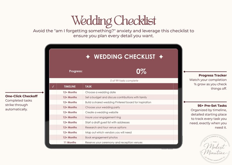 Puede incluir: Una lista de verificaci&oacute;n de boda digital en una pantalla de tableta. La pantalla muestra un encabezado granate con las palabras "Wedding Checklist" y una barra de progreso. La lista incluye tareas como elegir una fecha y crear un sitio web.