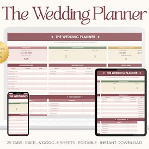 Puede incluir: Un planificador de bodas digital que se muestra en una computadora port&aacute;til, una tableta y un tel&eacute;fono inteligente. Las pantallas muestran un dise&ntilde;o de hoja de c&aacute;lculo con secciones para el gran d&iacute;a, el n&uacute;mero de invitados y el presupuesto. El texto "The Wedding Planner" est&aacute; en la parte superior. Incluye una gu&iacute;a de configuraci&oacute;n.