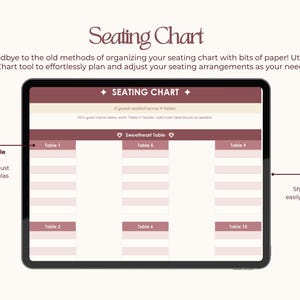 Puede incluir: Un plano de asientos digital mostrado en una tableta. La pantalla muestra un dise&ntilde;o con marcadores de mesa, etiquetados "Table 1" a "Table 10", y una "Sweetheart Table". El texto "Seating Chart" es visible.
