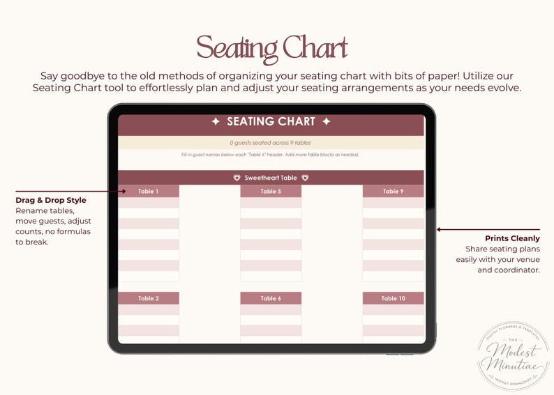Puede incluir: Un plano de asientos digital mostrado en una tableta. La pantalla muestra un dise&ntilde;o con marcadores de mesa, etiquetados "Table 1" a "Table 10", y una "Sweetheart Table". El texto "Seating Chart" es visible.