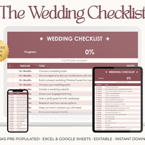 Puede incluir: Una lista de verificación de boda digital que se muestra en una computadora portátil, tableta y teléfono inteligente. La lista de verificación es de color burdeos con texto blanco, que muestra una barra de progreso al 0% y una lista de tareas. Un sello dorado dice "Includes Setup Guide".