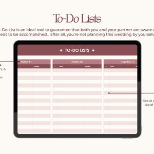 Puede incluir: Una tableta digital muestra una plantilla de lista de tareas con tres listas paralelas etiquetadas como "Socio #1", "Socio #2" y "Juntos". La plantilla est&aacute; dise&ntilde;ada para la planificaci&oacute;n colaborativa, con secciones para notas y tareas.