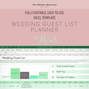 Wedding Guest List Excel Template Mint |  Excel & Google Sheets Compatible