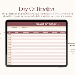 Puede incluir: Una l&iacute;nea de tiempo digital del d&iacute;a de la boda que se muestra en una tableta. La pantalla muestra un horario con columnas para la hora, la pareja, el cortejo nupcial, las notas, el fot&oacute;grafo, el vide&oacute;grafo y el fotomat&oacute;n. El texto en la pantalla dice "WEDDING DAY TIMELINE".