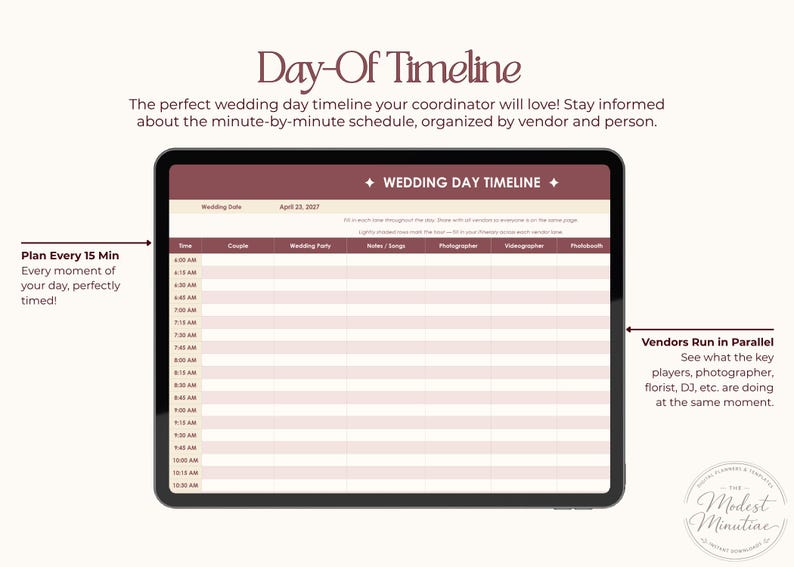 Puede incluir: Una l&iacute;nea de tiempo digital del d&iacute;a de la boda que se muestra en una tableta. La pantalla muestra un horario con columnas para la hora, la pareja, el cortejo nupcial, las notas, el fot&oacute;grafo, el vide&oacute;grafo y el fotomat&oacute;n. El texto en la pantalla dice "WEDDING DAY TIMELINE".