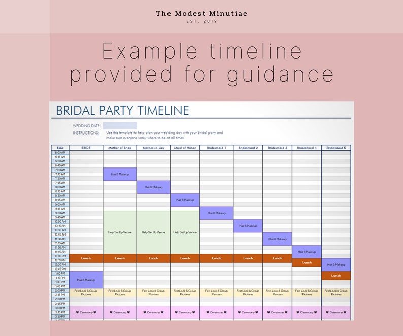 Bridal Party Timeline | Bridal Party Timeline &amp; Day of Agenda Excel and ...