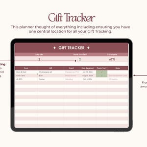 Puede incluir: Un rastreador de regalos digital en una pantalla de tableta. La pantalla muestra una tabla con columnas para detalles de regalos, estado de agradecimiento y notas. El texto "Gift Tracker" est&aacute; en la parte superior. El planificador ayuda a rastrear regalos, notas de agradecimiento y detalles de regalos.