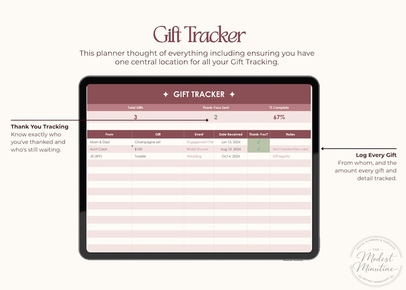 Puede incluir: Un rastreador de regalos digital en una pantalla de tableta. La pantalla muestra una tabla con columnas para detalles de regalos, estado de agradecimiento y notas. El texto "Gift Tracker" est&aacute; en la parte superior. El planificador ayuda a rastrear regalos, notas de agradecimiento y detalles de regalos.