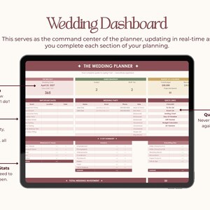 Puede incluir: Panel de control digital para planificador de bodas en una tableta. La interfaz presenta secciones para cuenta regresiva en vivo, fechas clave, listas de invitados y enlaces de acceso r&aacute;pido. La combinaci&oacute;n de colores es una mezcla de borgo&ntilde;a, beige y blanco.