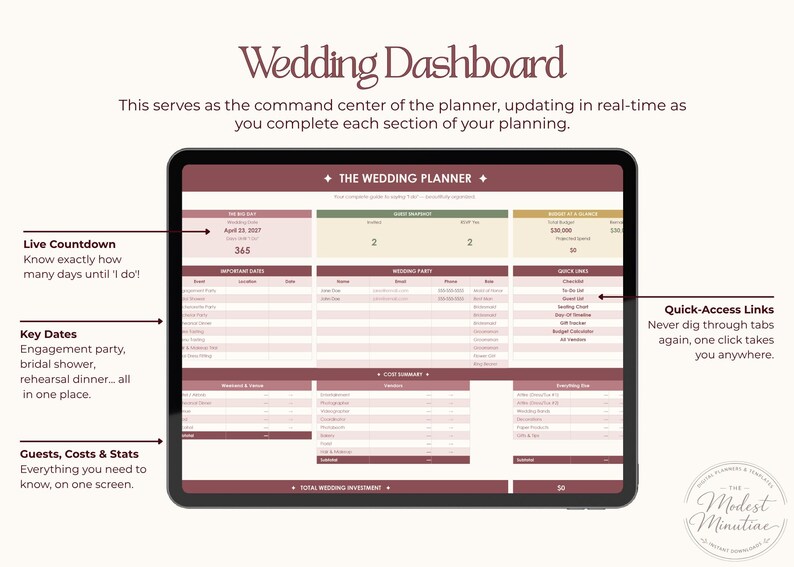 Puede incluir: Panel de control digital para planificador de bodas en una tableta. La interfaz presenta secciones para cuenta regresiva en vivo, fechas clave, listas de invitados y enlaces de acceso r&aacute;pido. La combinaci&oacute;n de colores es una mezcla de borgo&ntilde;a, beige y blanco.