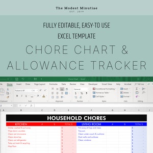 Puede incluir: Una captura de pantalla de una hoja de cálculo de Microsoft Excel con una tabla de tareas domésticas y un seguimiento de la asignación. La hoja de cálculo está dividida en tres secciones: Cocina, Tareas domésticas y Sala de estar. Cada sección enumera las tareas domésticas y el monto de la asignación correspondiente en euros.