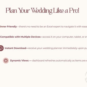 Puede incluir: Anuncio de planificador de bodas digital con el texto "&iexcl;Planifica tu boda como un profesional!" y vi&ntilde;etas que describen caracter&iacute;sticas como la facilidad para principiantes, la compatibilidad con dispositivos, la descarga instant&aacute;nea y las vistas din&aacute;micas. El logotipo de Modest Minutiae es visible.